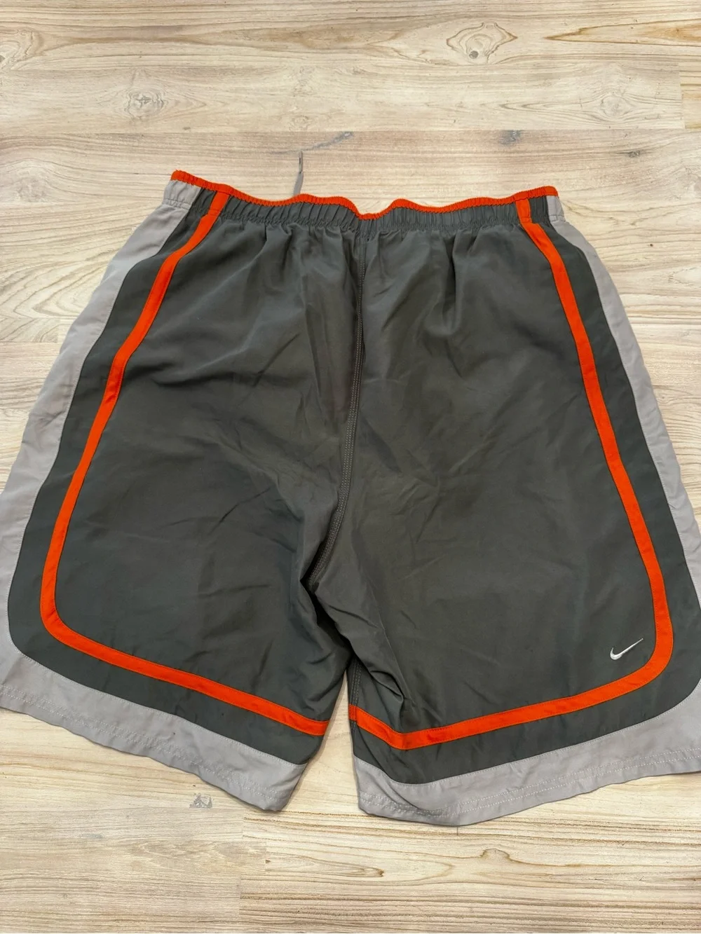 Nike Men's Y2K Black and Gray Athletic Swim Shorts with Orange Trim